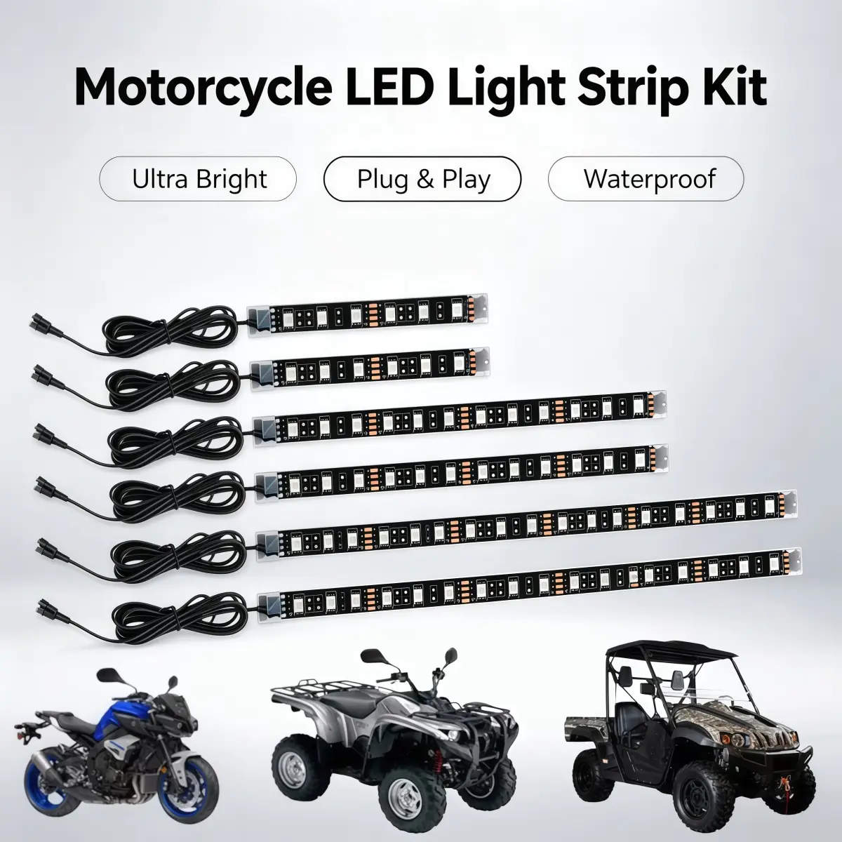 6PCS Motorcycle LED Light Strips, DC 12V Flexible LED Accent Strip Lights, Waterproof Multi-Color Underglow Lights Kit for Honda Kawasaki Suzuki Yamaha Cruiser Bike Decorative Lighting