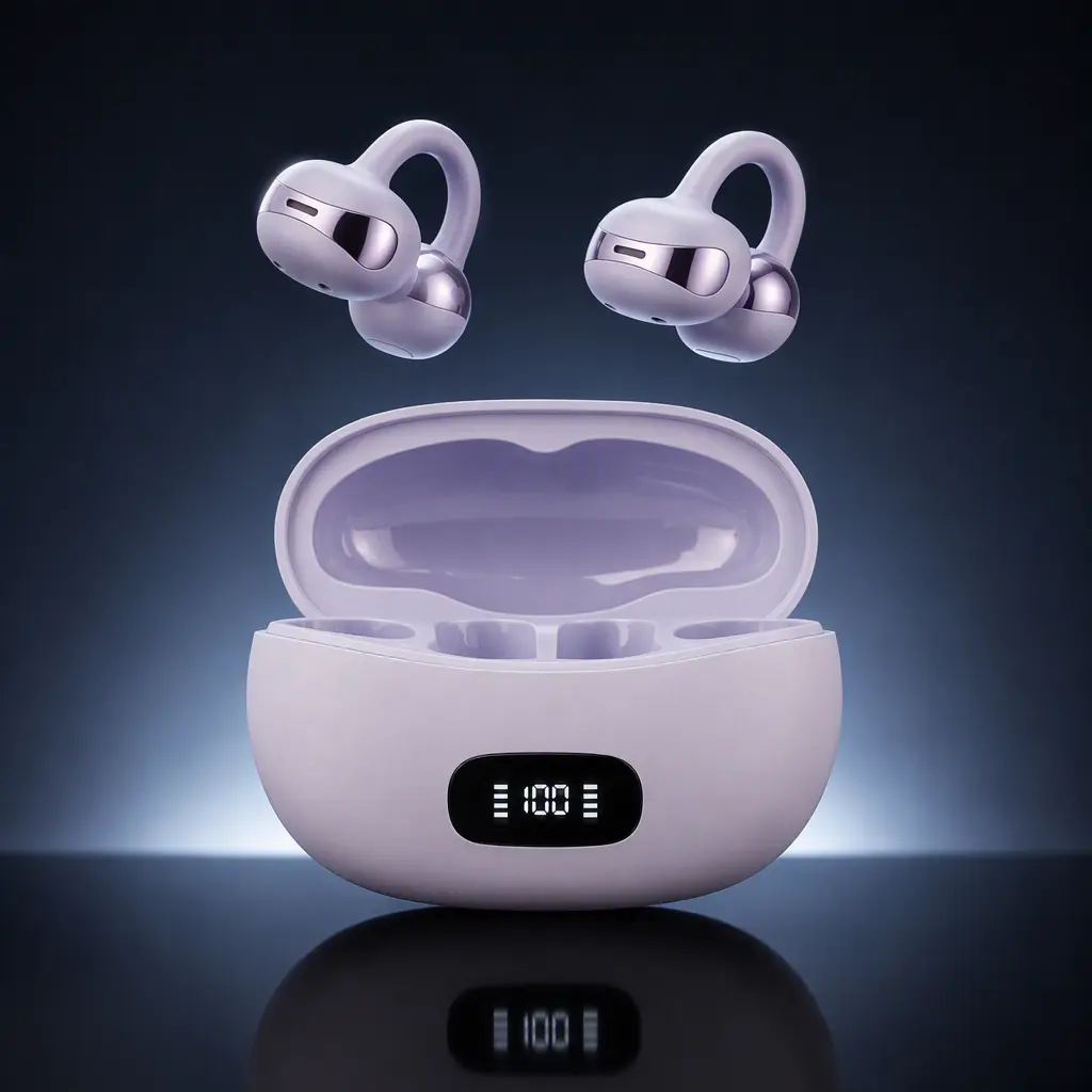 FLUFFDRIP YXG-20 Open Ear Clip On Bluetooth Earbuds, LED Display Wireless Sports Headphones, Comfort Painless Outdoor Safe Headset for Workout Commute