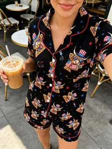 Soft Cow Print Pajama Set, Women's Short Sleeve Shorts Sleepwear, Casual Graphic Fitted Home, Breathable All-Season Party Wear