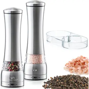 Salt and Pepper  Set - Large Capacity Stainless Steel Pepper  and Salt  with Tray in Luxurious -Box - Manual Mills with Ceramic Grinders and Adjustable Coarseness (Set of 2)
