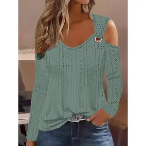 Eyelet Cold Shoulder T-shirt, and Autumn Long Sleeve Top, Women's Clothing Womenswear Blouse