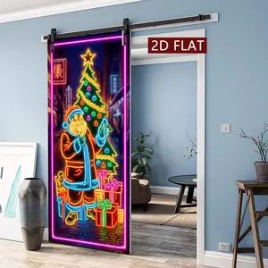 Neon City Santa Christmas Theme Art, Beautiful Christmas Decoration, 2 Count Door Stickers, Easy Apply Peel & Stick, Waterproof