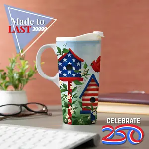 America’s 250th Patriotic Ceramic Travel Cup – 17oz Birdhouse & Americana Design w/ Lid & Gift Box
