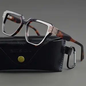 Oversized Square Thick Acetate Frames Heavy Metal Acetate Eyeglass Frames for Big Face Rock Style with Spring Hinges for Ultimate Comfort