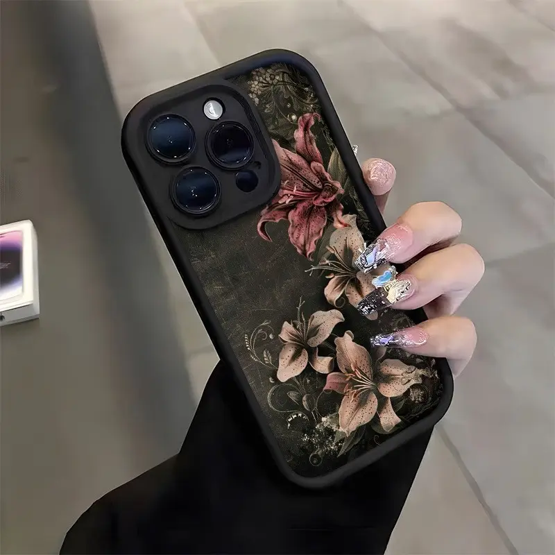 Premium Black TPU Smartphone Case with High-End Lily Flower Print - Handheld Cellphone Protection for iPhone 11,12,13,14,15,16,XS,Plus,Pro Max,SE Series & Samsung Galaxy S26 - Great Gift for Loved Ones, Devices