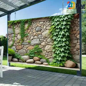1 pc of 2D flat banner decoration, natural vintage stone wall green plant decoration background banner, outdoor courtyard moss-covered rock landscape photography, ecological vertical garden wall design, wall decoration, party decoration, studio props,