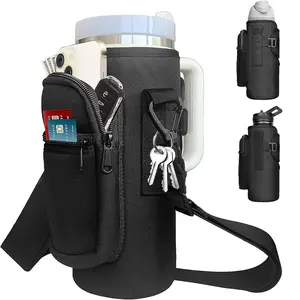 Sports Water Bottle Carrier Bag,30oz/40oz Bottle Pouch Holder,Adjustable Shoulder Hand Strap 2 Pocket Sling Durable Oxford & Neoprene Sleeve Sports Accessories for Hiking Travelling Camping