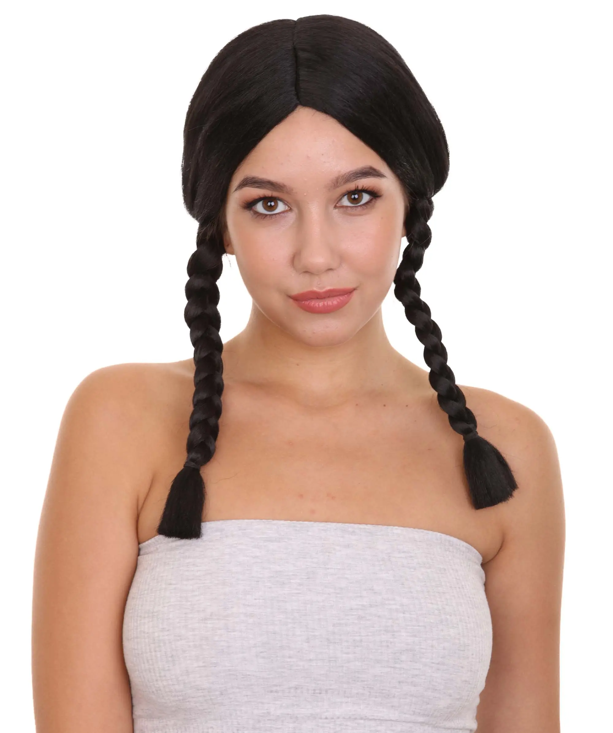 HPO Adult Women's TV/Movie Black Pigtail Wig , Black Traditional TV/Movie Cosplay Halloween Wig , Premium Breathable Capless Cap