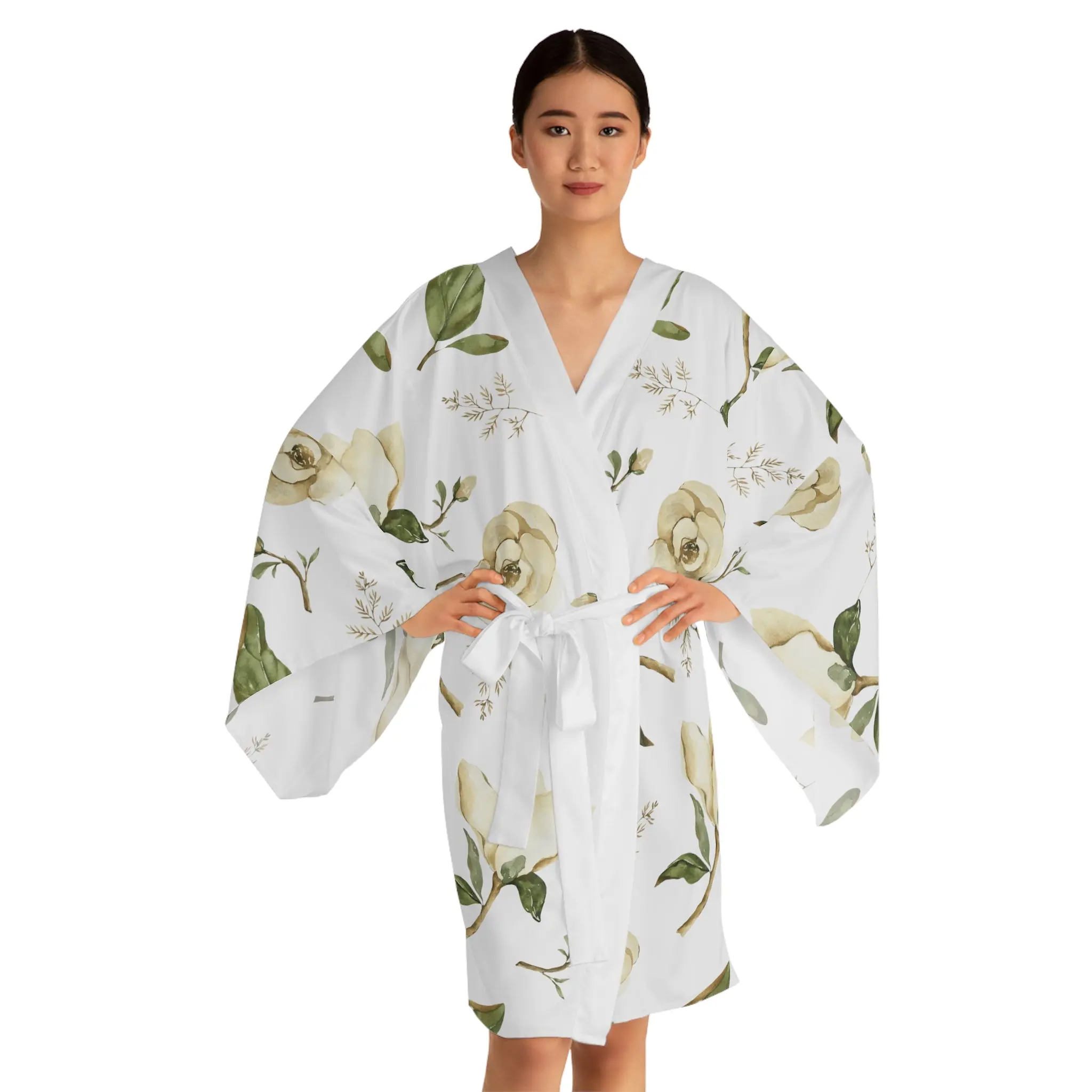 Soft Beige Floral Print Long Sleeve Kimono