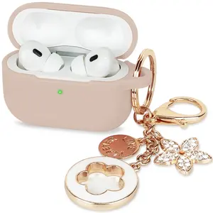 Silicone Case Cover for AirPods Pro 3 with Cute Bling Five Leaf Keychain for Women Girls