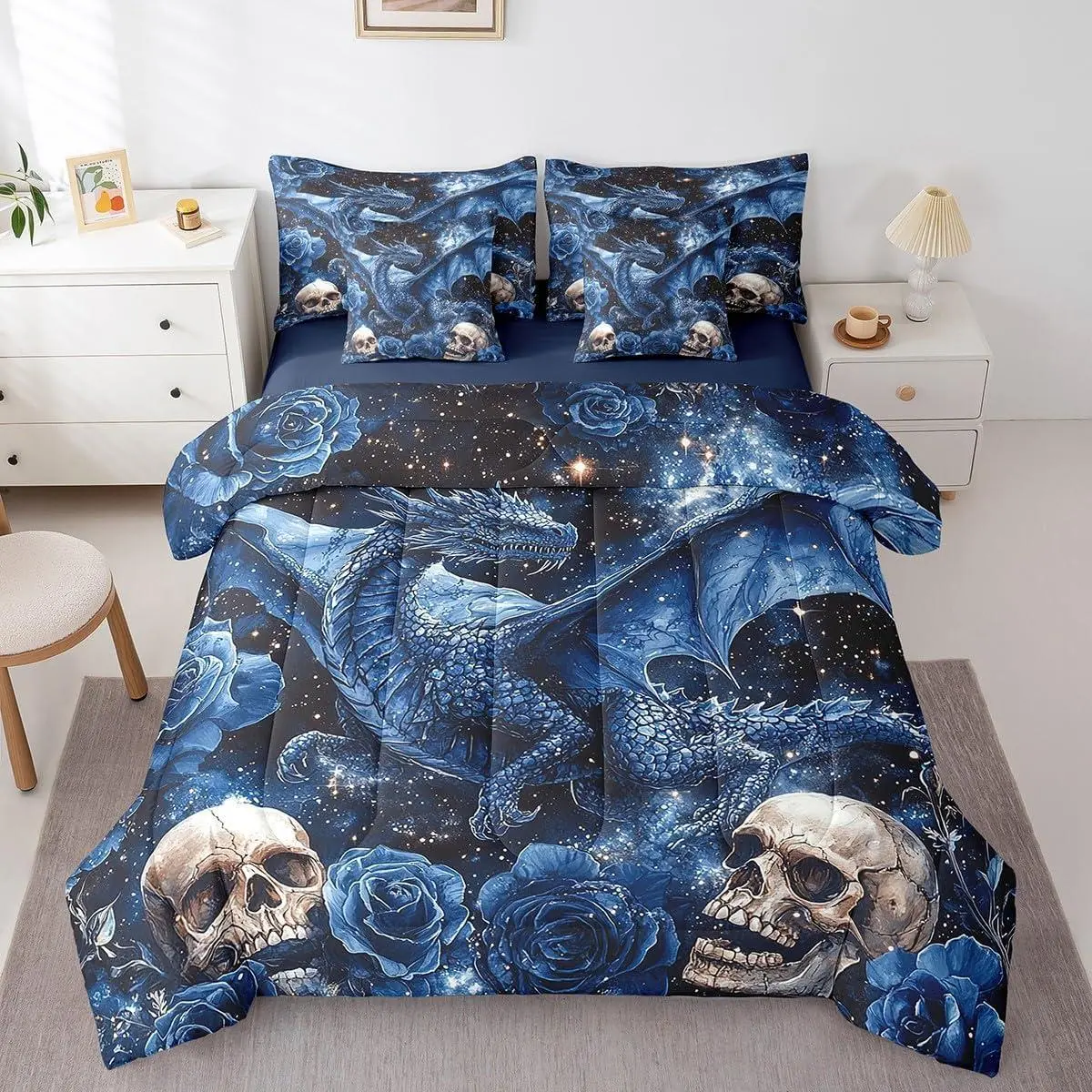 Feelyou 7-Piece Microfiber Luxury Bedding Set - Ultra-Soft Gothic Comforter & Sheet Set with Mysterious Dragon, Black Starry Outer Space, Goth Skull, Blue Romantic Floral Animals Designs, Machine-Washable Twin Boys Coastal Bedding, Twin Boys Bedding Set
