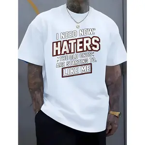 Men's Cotton Casual T-Shirt with Bold "I Need New Haters" Slogan Print - Vibrant Red Short Sleeve Round Neck Tee for All-Season Comfort, Machine Washable & Everyday Casual Wear, Seasonal Versatility, Crew Neck Shirt, Nontransparent Fabric