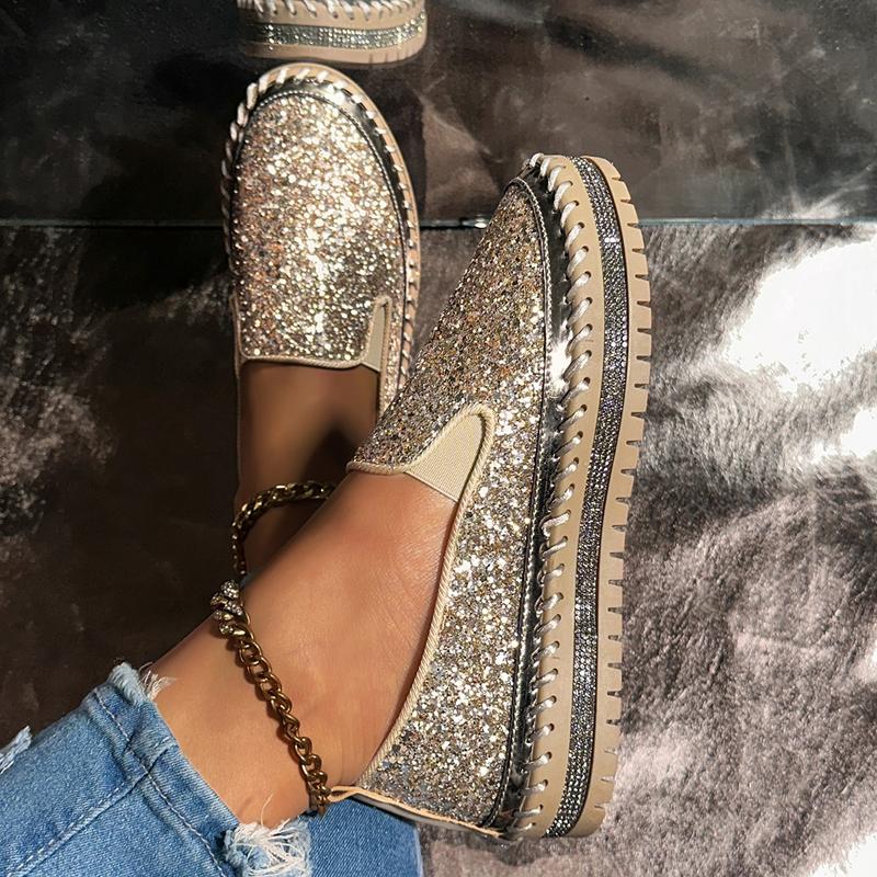 Women's Comfort Slip-On Shoes Fashion Glitter-Embellished Flats Casual Thick-Heeled Sneakers
