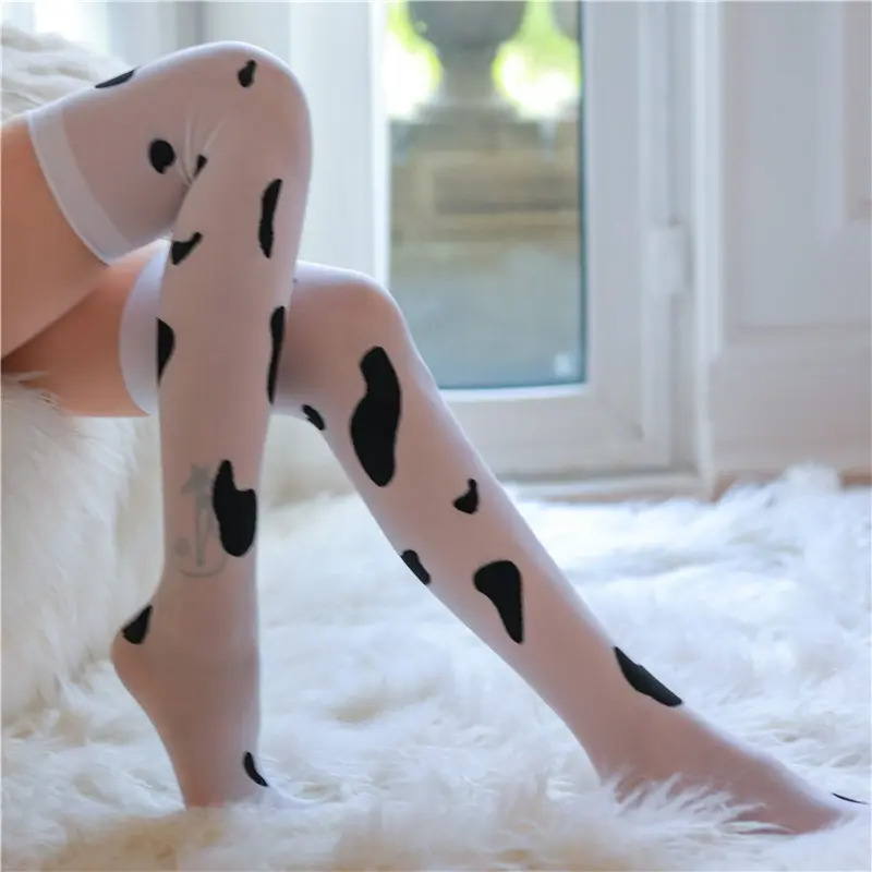Cow Pattern Stockings Sexy Stockings Cute Long Tube Milk White Spotted Socks High Top Over-the-Knee Socks for Women