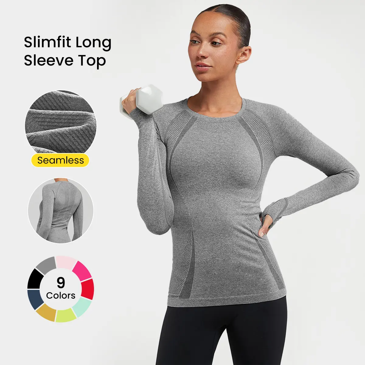 GLOWMODE Seamless Slimfit Long Sleeve Top Hip Length Antibacterial Lightweight Summer Compression Shirt
