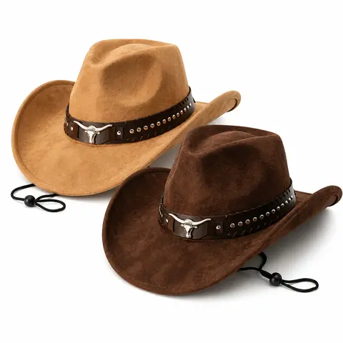 Unisex Faux Suede Felt Western Hat - Vintage Bull Head Rivet, Retro Classic Casual Headwear, Trendy Hat with Jazz-Cowboy Flair, Cowboy Stuff, Western Stuff for Stage Performance Enthusiasts