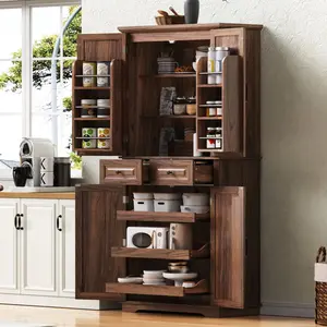 Rustic Tall Farmhouse Embossed Texture Kitchen Pantry Cabinet - 71.25"H, 3 Pull-Outs, 6 Door Shelves, 2 Drawers, Grooved Edges, Freestanding Cupboard for Kitchen, Dining Room Decor
