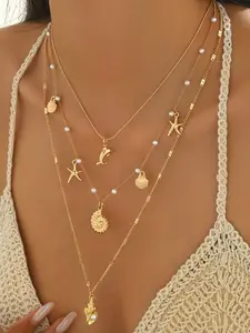 3-Piece Ocean Style Metal Chain Necklace Set, Seashell Pearl Pendant, Layered Necklaces for Women, Party & Vacation Jewelry, Starfish Necklace