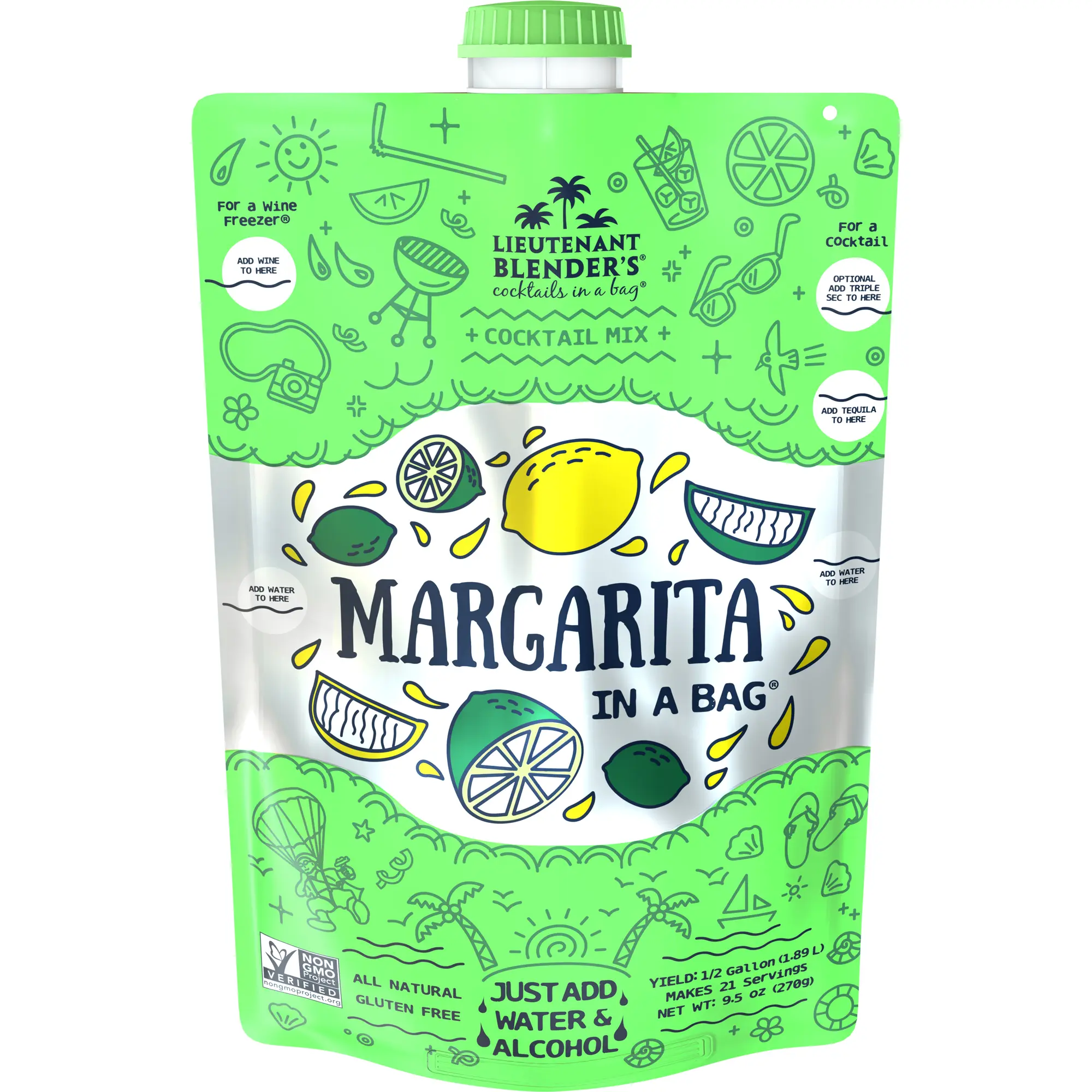 Lt. Blender's Margarita in a Bag Cocktail Mocktail Non-Alcoholic Slushie Mix - Real Fruit Non-GMO Dairy Gluten-Free Mix for 16 4oz Servings (Pack of 1)