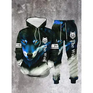 Red bold wolf pattern personalized, stylish, and comfortable men's spring and autumn long-sleeve casual sweatshirt set