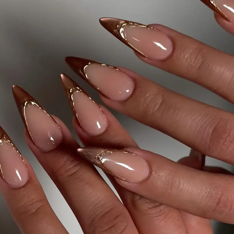 Nude Pink Stiletto Nail Art Set with Gold Chrome Outline Tips Glossy Glass Finish Clean Elegant Minimal Style Custom Reusable Press On Nails for Daily Wear Office Looks Events and Gifts for Her