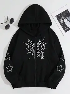 Women's Spider Web Print Drop Shoulder Zip Up Hoodie, Fashion Casual Drawstring Pocket Hooded Sweatshirt for Daily Holiday Outdoor Wear, Women Clothing for Fall & Winter, Halloween