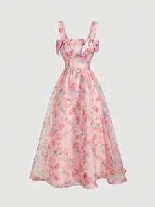 Women's Pink Organza Printed Bow Dress, Ball Dress, Party Women Dress,New Year Eve Dress, Wedding Guest Dress