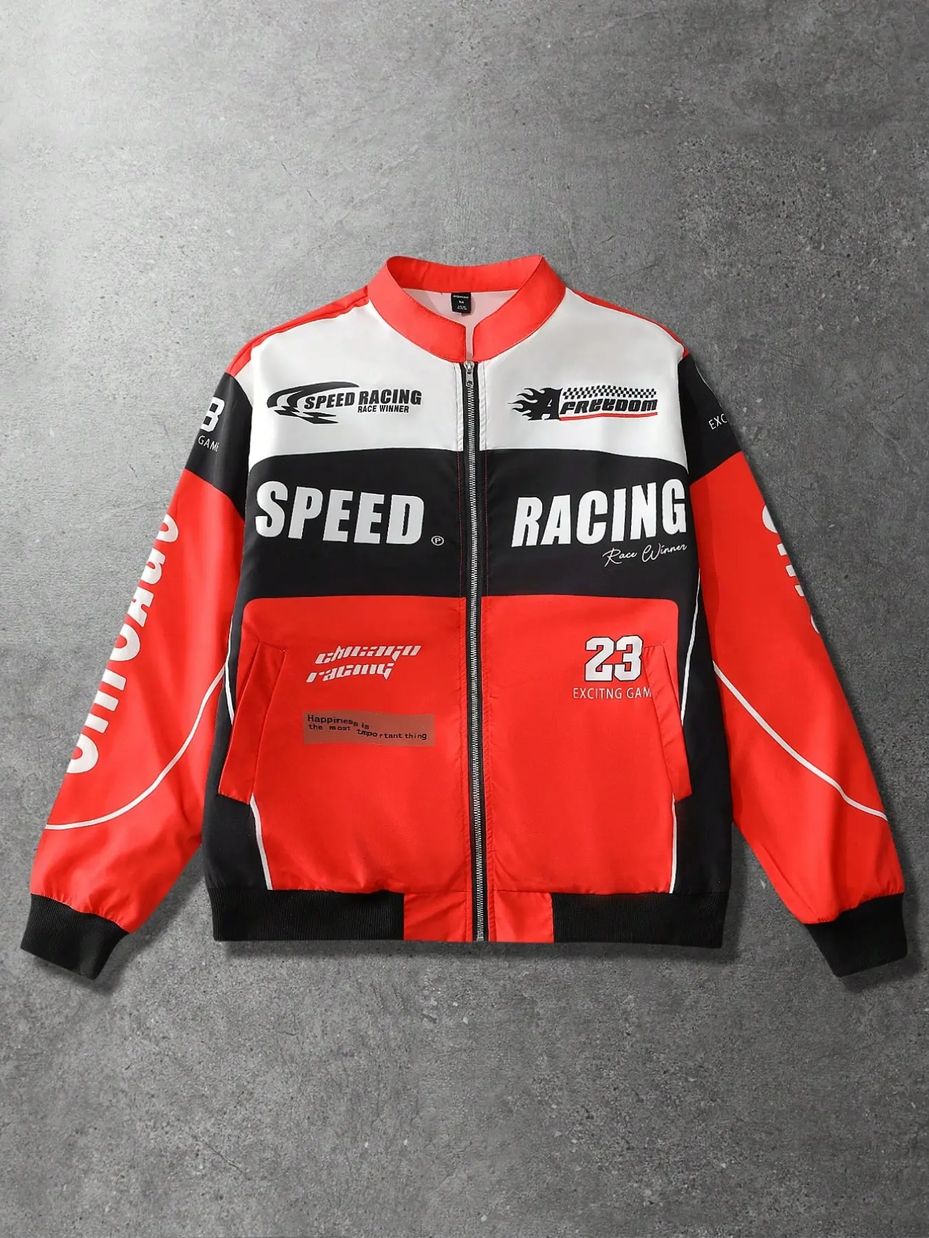 Mens red black and white color block racing style baseball collar jacket with speed racing theme letter number 23 and chicago elements print american retro motorcycle style loose fit windproof breathable trendy casual coat