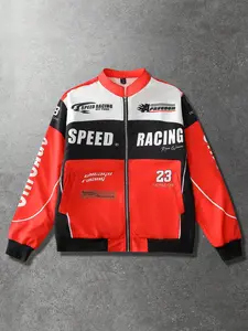 Mens red black and white color block racing style baseball collar jacket with speed racing theme letter number 23 and chicago elements print american retro motorcycle style loose fit windproof breathable trendy casual coat