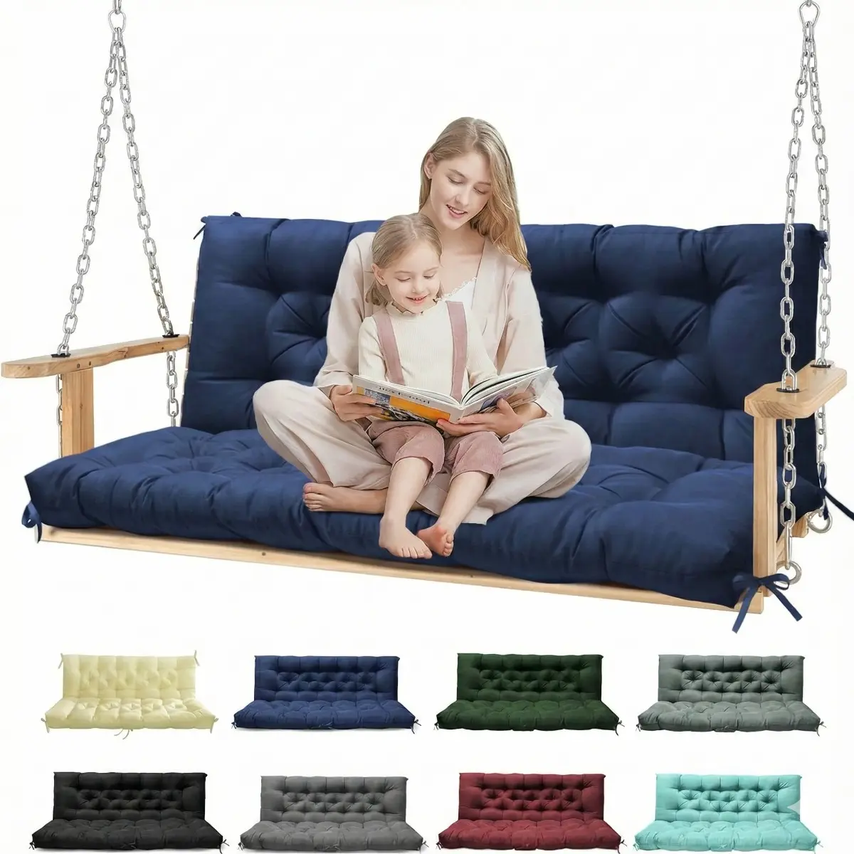Outdoor 3-Seater Swing Replacement Cushion with Backrest - Waterproof, 4in Thick Polyester-Nylon Tufted Dot Pad with Ties, Large:60"l x40"w x4"t/Medium:48"l x40"w x4"t, Splash-Proof Top for Swinging Lounge Chair, Backyard Garden Use
