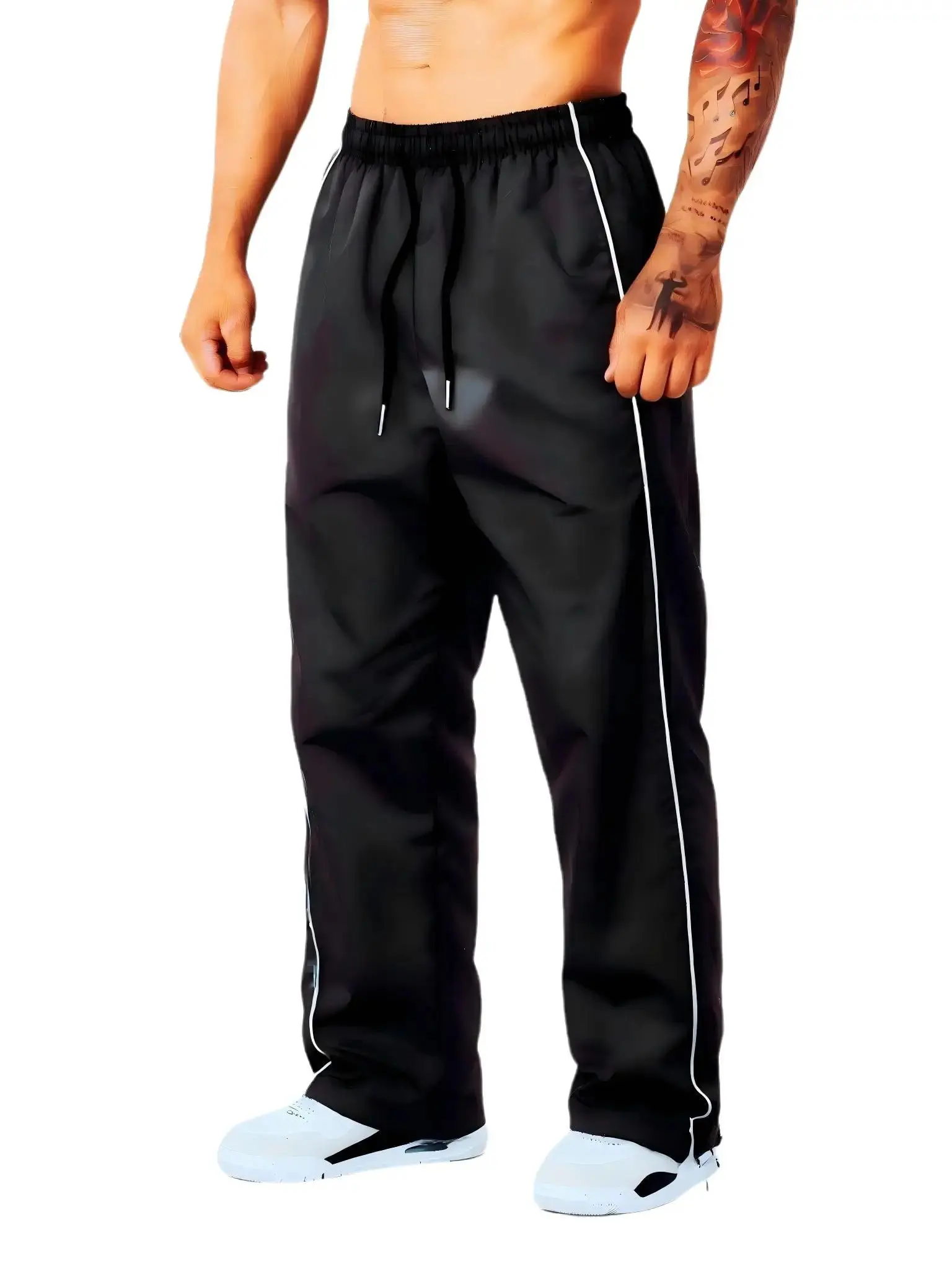 Men’s loose athletic pants with white stripes, ice silk feel, elastic waistband, elastic drawstring cuffs, versatile styling options—ideal for gym workouts #SummerVibes