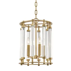 Haddon Lantern - 4-Light Hanging Fixture with Aged Brass Finish and Banded Tubular Crystal Accents