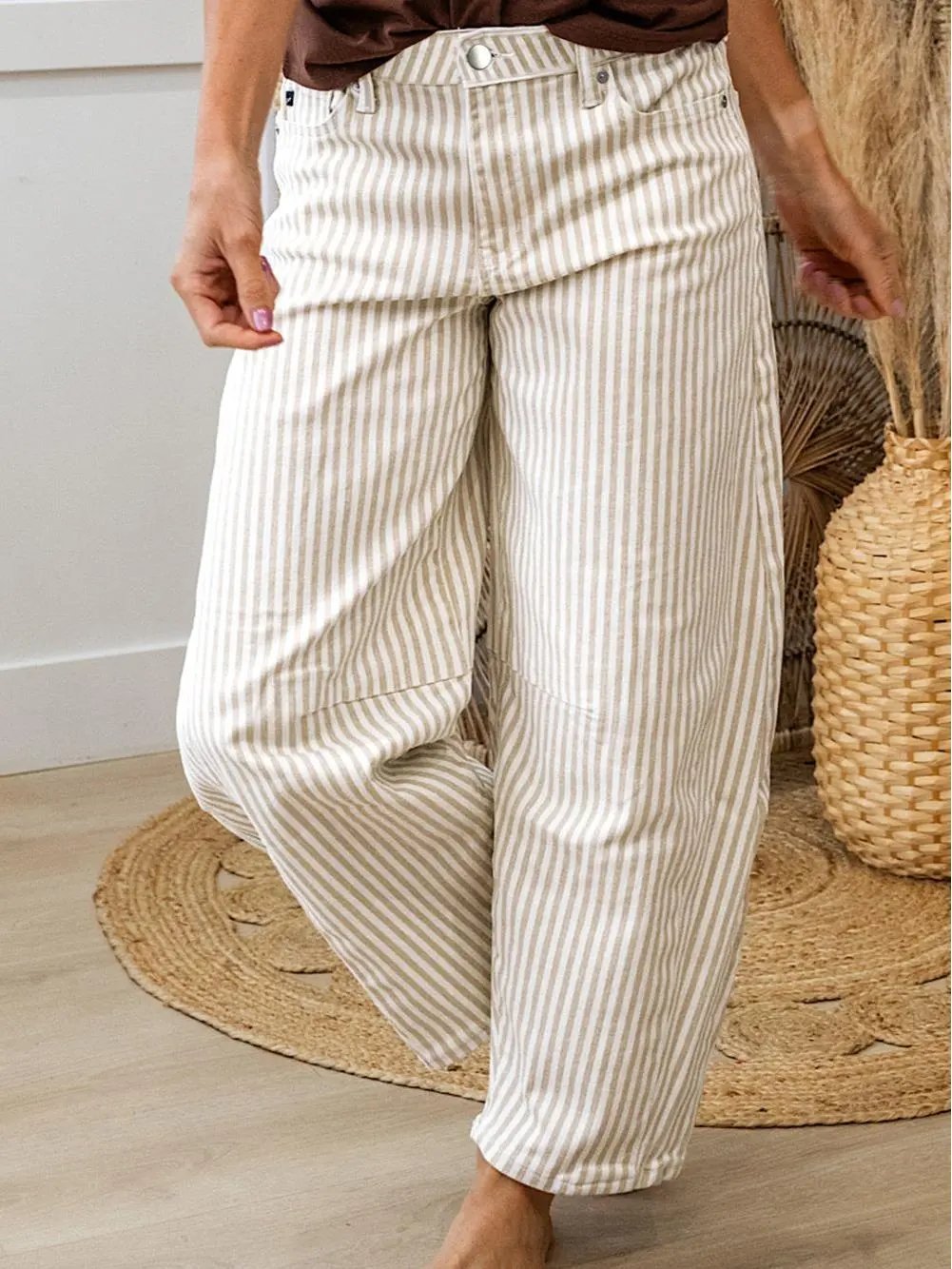 Women's High-Waist Vertical Striped Denim Barrel Pants - Loose Baggy Striped Fabric Pants, Denim Fabric, All Seasons, Machine Wash, Casual Trending Style, Clothes, Fashion
