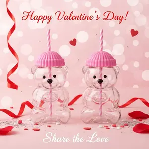 Aesthetic Glossy Clear Bear Plastic Tumbler with Pink Knit Lid, Striped Straw & Paw Detail, Reusable Beach Cup, Birthday/Valentine’s Day Gift for Girls