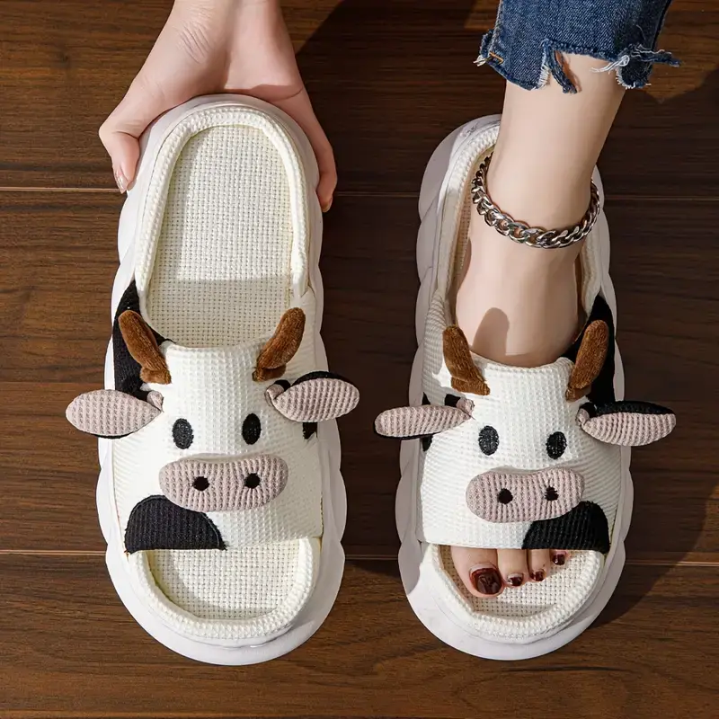 Women's Fluffy Cross-Strap Slide Slippers - Comfortable Cartoon Cow Casual Slippers with Flexible Non-Slip EVA Sole for Indoor, Outdoor Wear, Fluffy Slippers, Comfortable Slippers