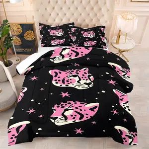 2/3Pcs Pink Leopard Star Quilted Comforter Set, Y2K Cool Girl Aesthetic Style, Soft Warm Breathable Bedding Set, for Girls Dorm, Bedroom, Rental Aesthetic Decor, Comforter With Filling, Pillowcases No Filling