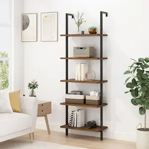 Ladder Shelf 5 Tier Wall Mounted Bookcase with Metal Frame, Open Design Shelves for Living Room, Bedroom, Home, Office, Rustic Brown (23.6" L x 11.8" W x 70.9" H)