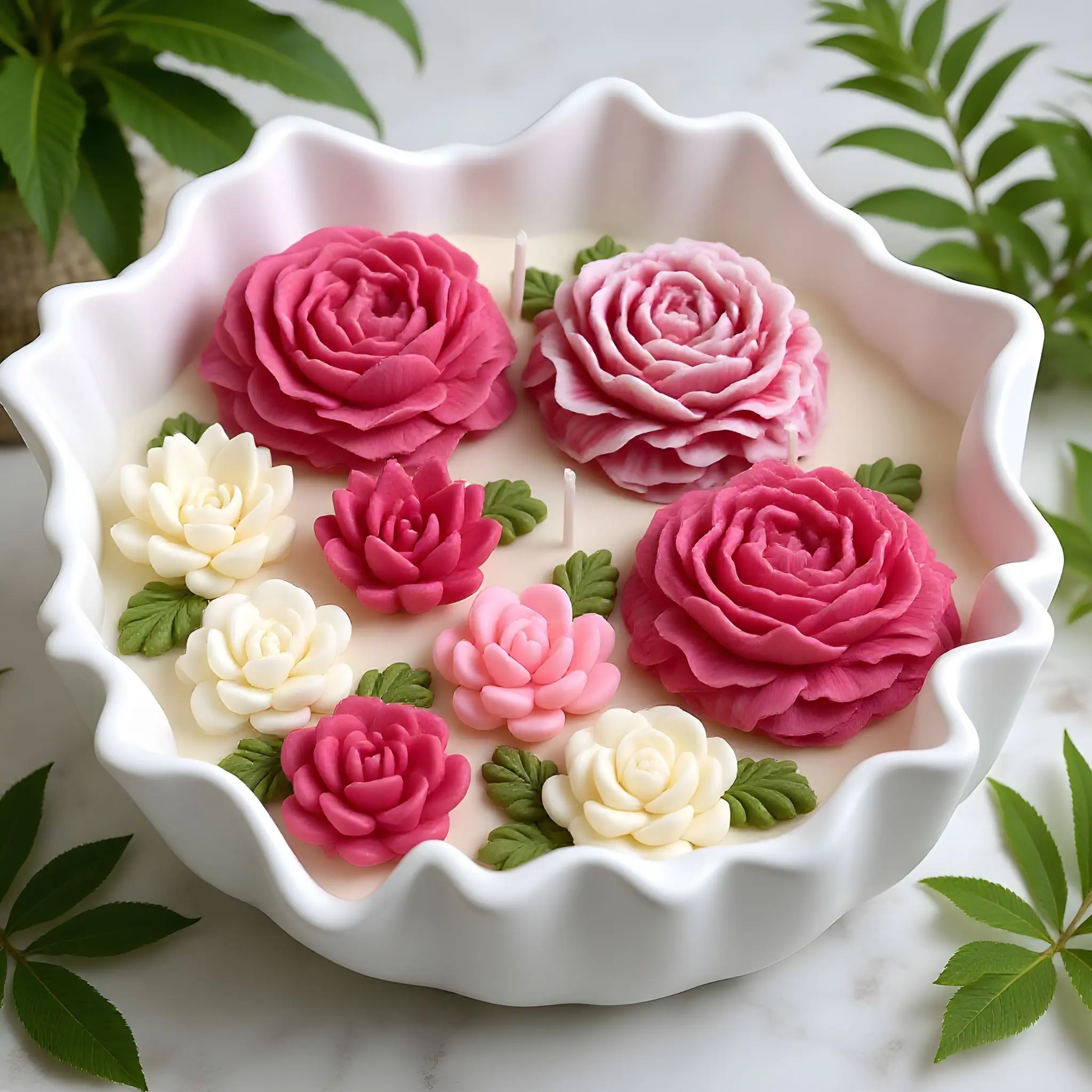 Handmade Ceramic Candleholder - 8.1in×6.9in×2.5in Luxury Floral Shaped Ornamental Stone-Effect Minimalist Modern Bowl, Sustainable Vegetable Wax Holder with Cotton Wick, Lightweight Flower Sculpture for Home Decor, Garden Gift, Floral Shaped Candleholder,
