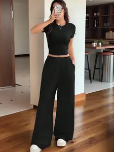 Black Minimalist Sweet Two-Piece Set - Cropped Tee & Wide-Leg Pants, 2026 Trending Streetwear, Soft Fabric Perfect for Daily Outings & Commutes, Bold Monochrome Design That Stands Out, Versatile Matching Set Womenswear