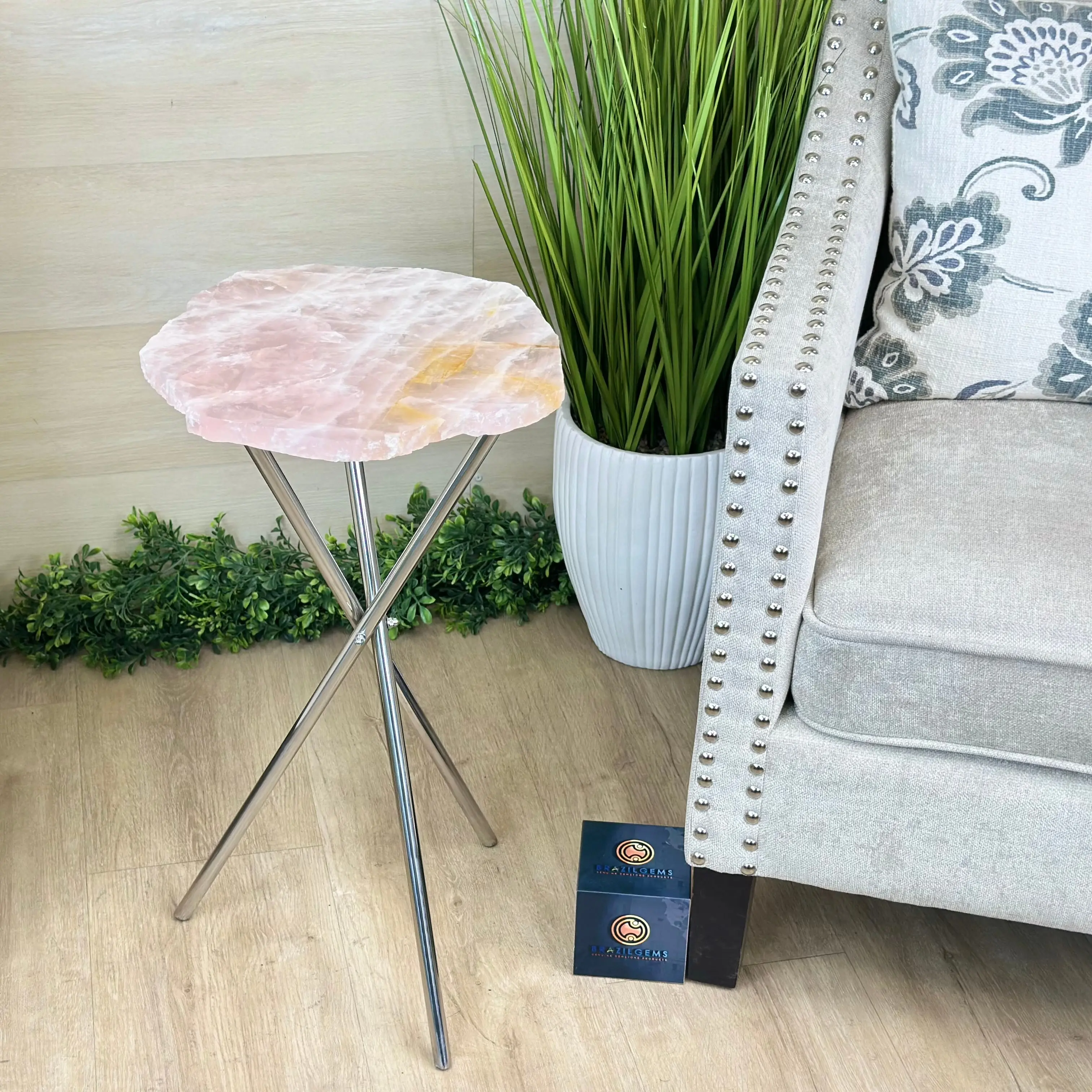 Natural Rose Quartz Side Table on Chrome Metal Base, 24.5" Tall #1341RQ-002