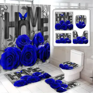 Romantic Blue Rose Shower Curtain Set, Includes Bath Mat, Toilet Lid Cover & U-Shaped Tray, Elegant Bathroom Decor Gift, Bathroom Decoration Accessories, Bathroom Accessory
