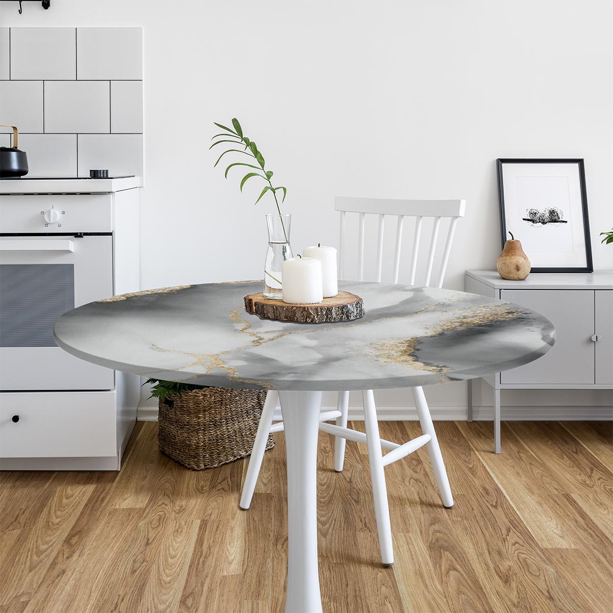 Elastic Stretch Spandex Grey White Gold Vein Marble Fitted Round Tablecloth - Wrinkle-Resistant, Stain-Resistant, Waterproof Golden Kintsugi Print Table Protector for Coffee Side Tables, Modern Minimalist Home Decor