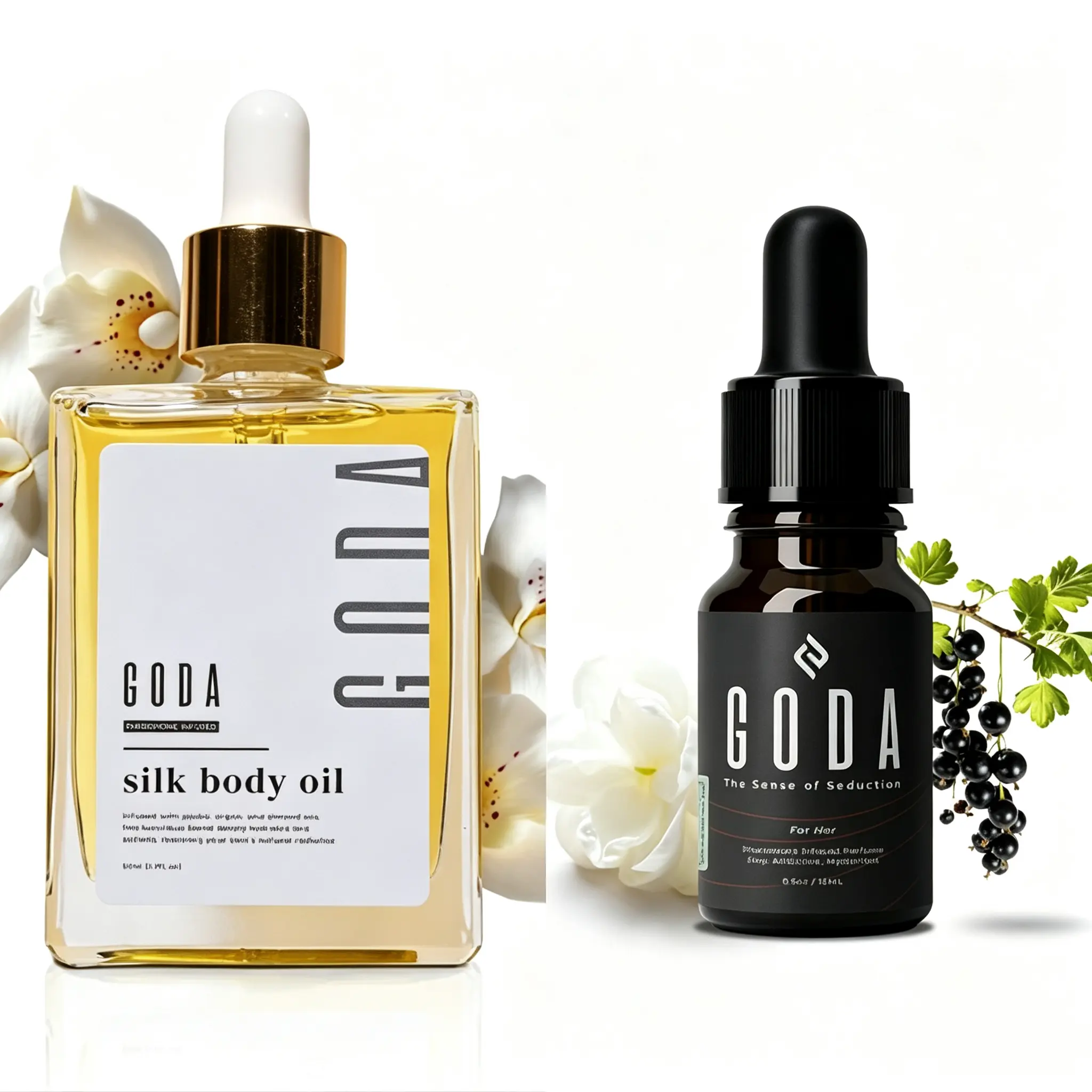 Goda Silk Body Oil (1.79L) - Lightweight Fragrance Formula with Vanilla, Lavender & Cocoa Scents, Skin Firming & Smoothing Bath & Body Care, Includes Free Perfume Oil Gift