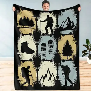 Cozy Earthy-Toned Hiking Adventure Throw Blanket Featuring Hiker, Mountain, Tree, and Boot Silhouettes