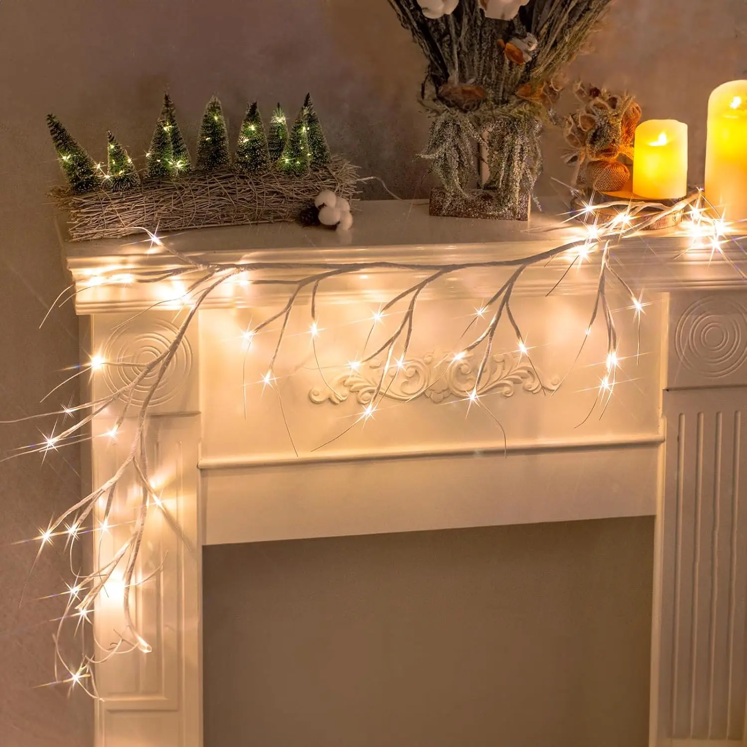 1pc Warm Lighted Christmas Garland, 6ft White Birch Garlands with 48 LED Warm White Lights, White Twig Branch Garland Xmas Decoration for Bedroom Fireplace Mantle Mantel Home Party Holiday Decor