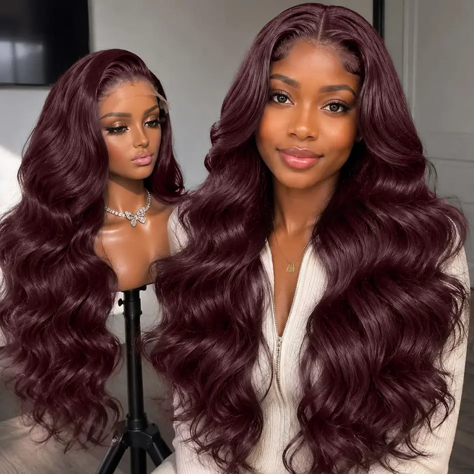 Cynosure Hair New Black Cherry Colored 13x6 Body Wave Lace Front Wigs Human Hair HD Lace Frontal Human Hair Wigs Pre plucked Pre bleached Small Knots With Baby Hair For Women