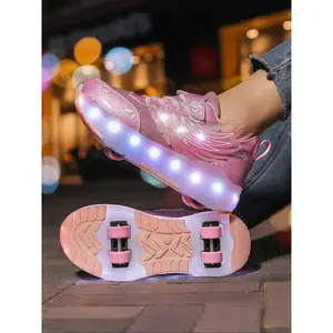Girls' LED Light-Up Roller Skates, USB Rechargeable, Detachable Wheels, Breathable PU Leather, All-Season Casual Shoes, Shoes with Wheels