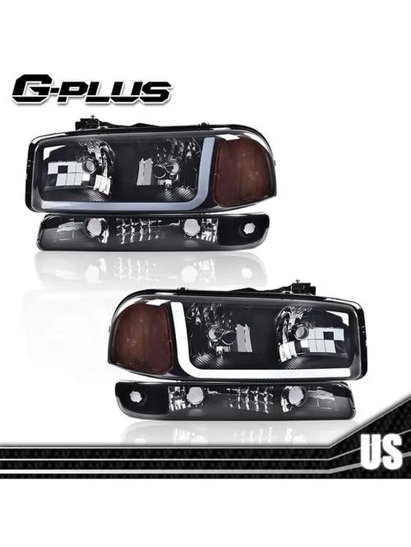 FOR 1999-2007 GMC SIERRA/YUKON PAIR LED DRL HEADLIGHT+BUMPER LAMPS BLACK/CLEAR