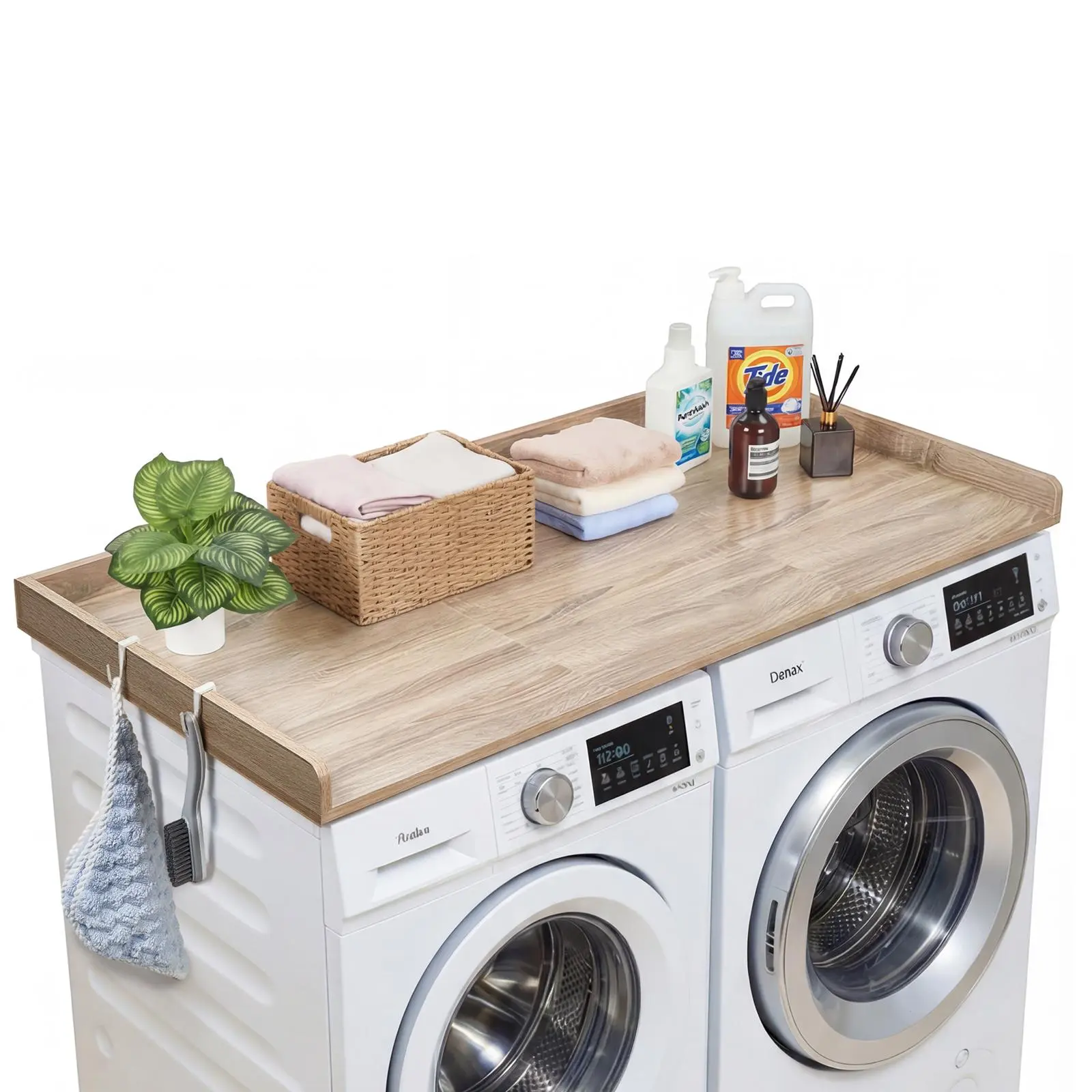 VEVOR Countertop for Washer and Dryer, 53.9x27.5in P2 Grade Wood Laundry Machine Topper with Edge, 2 Storage Hooks, 8 Grip Pads, Water-Resistant, 250lbs Capacity, Easy Assembly for Laundry Closet & Pantry