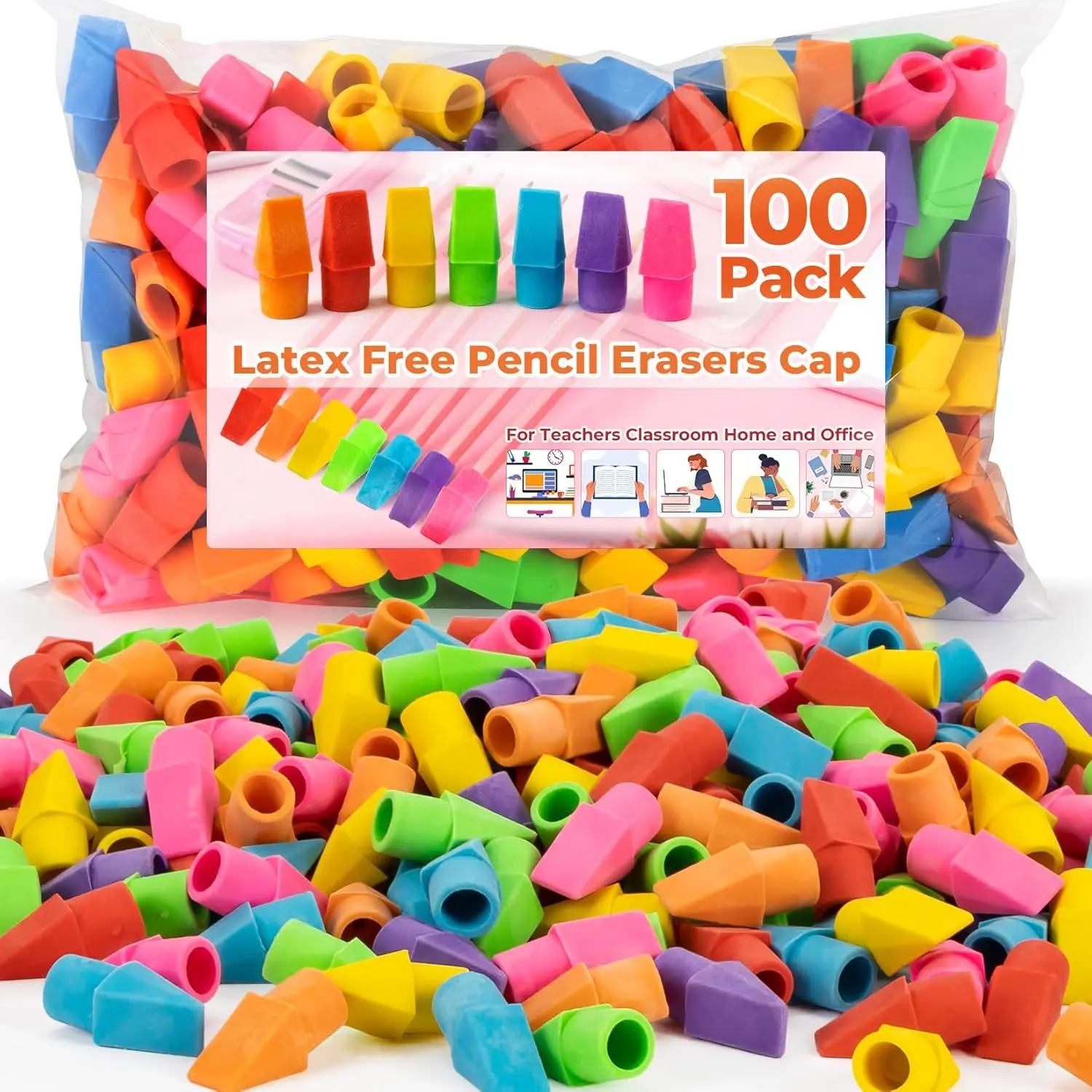 Cap Erasers for Pencils - Pencil Top Erasers Cap Erasers Toppers Latex Free Assorted Colors School Supplies for Teachers Classroom Home and Office (Pack of 100)